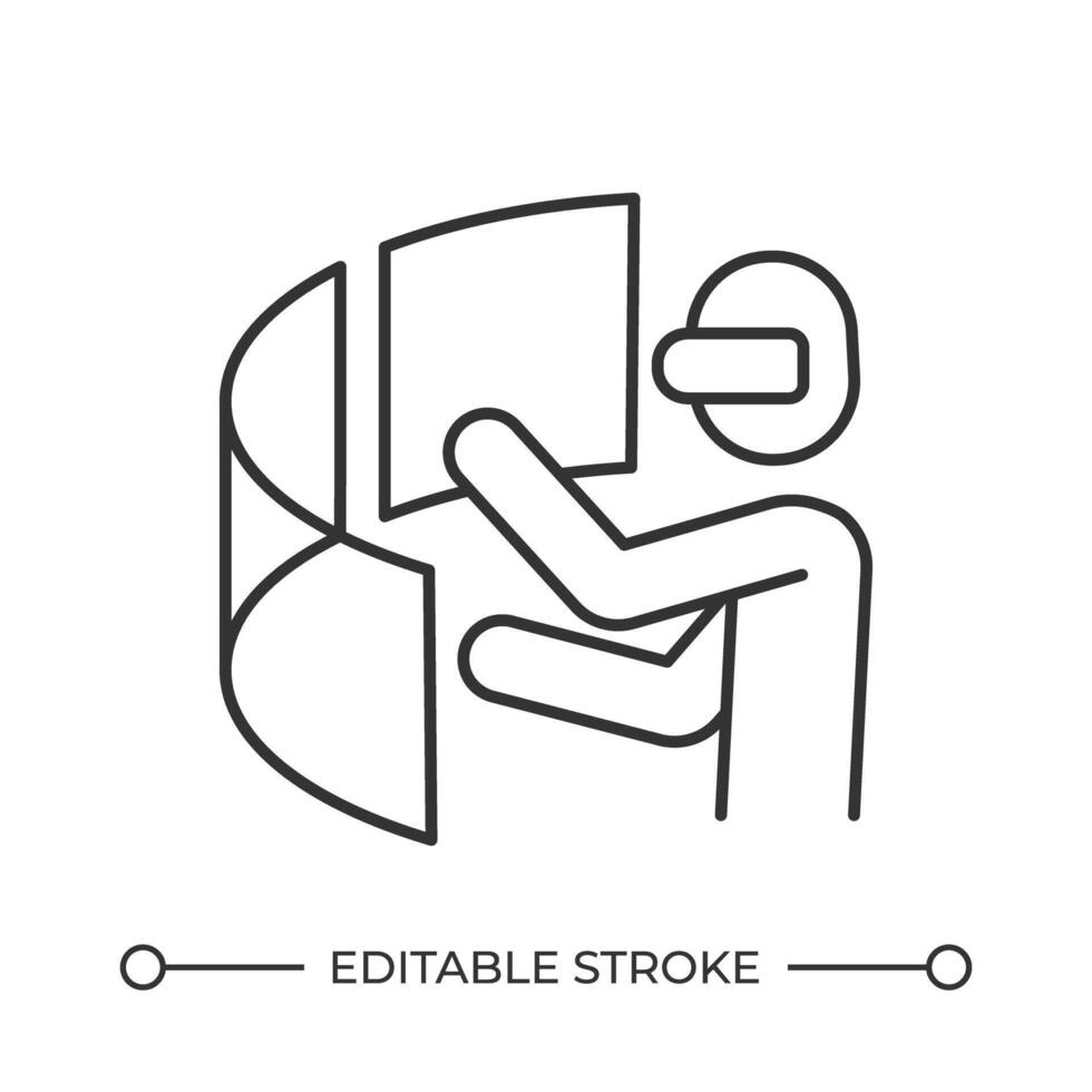 Person using AR line icon. User wearing goggles working with virtual screens. Computing technology. VR integration. Isolated illustration. Outline symbol. Simple linear drawing. Editable stroke vector