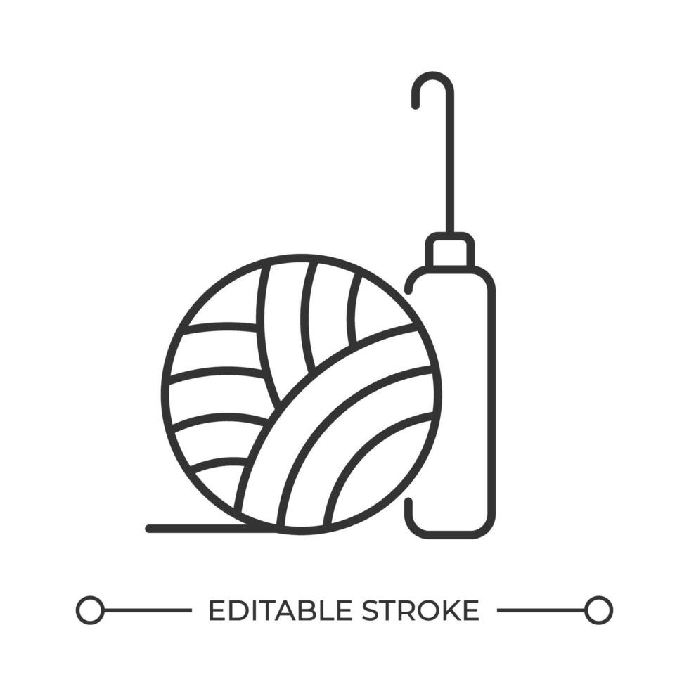 Crochet with yarn ball line icon. Supplies for knitting hobby. Making clothes and accessories. Crocheting. Isolated illustration. Outline symbol. Simple linear drawing. Editable stroke vector