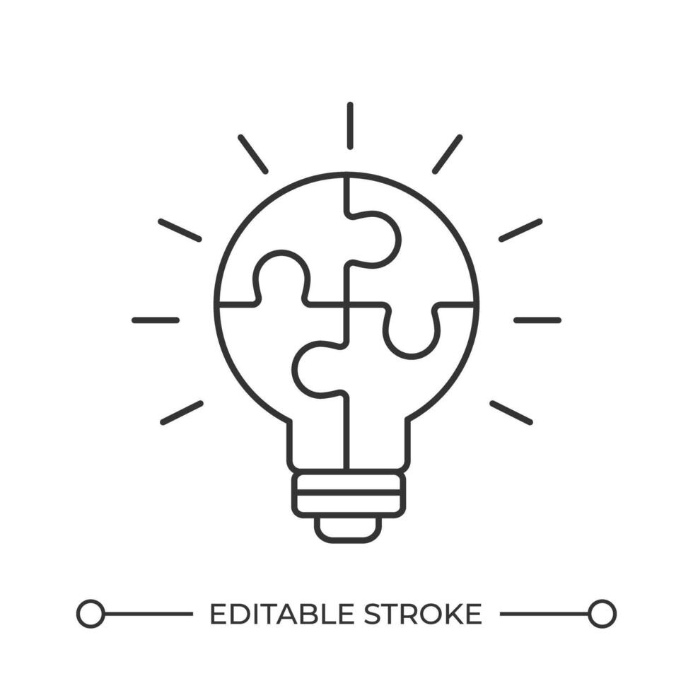 Innovative tasks solutions line icon. Lightbulb with jigsaw puzzle glowing. Insight sharing. Alternative ideas. Isolated illustration. Outline symbol. Simple linear drawing. Editable stroke vector