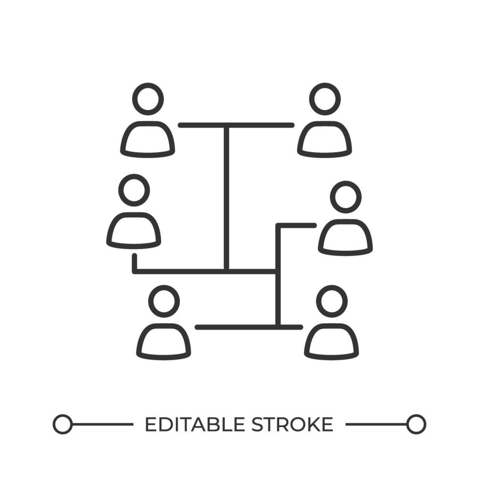 Social interconnections line icon. Community network and communication. Company hierarchy structure. People group. Isolated illustration. Outline symbol. Simple linear drawing. Editable stroke vector