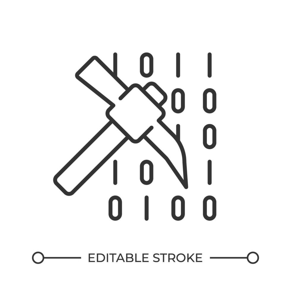 Data mining line icon. Pickaxe with binary code. Identify patterns and relationships in datasets. Solving problems. Isolated illustration. Outline symbol. Simple linear drawing. Editable stroke vector