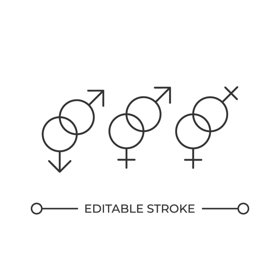 Genders symbols line icon. Heterosexual and gay couples. Free love. Equality of different society members. Isolated illustration. Outline symbol. Simple linear drawing. Editable stroke vector
