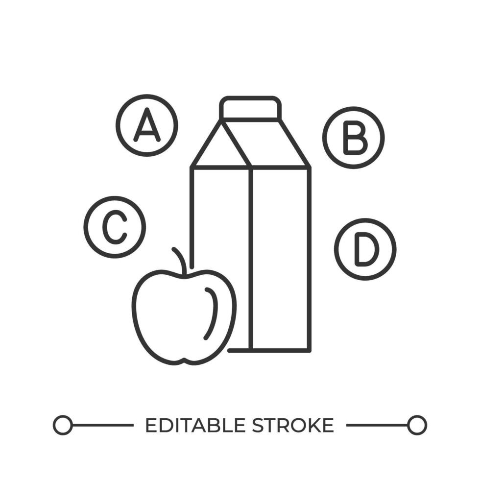 Healthy food product line icon. Apple fruit with drink pack and different vitamins. Fresh organic ingredients. Isolated illustration. Outline symbol. Simple linear drawing. Editable stroke vector