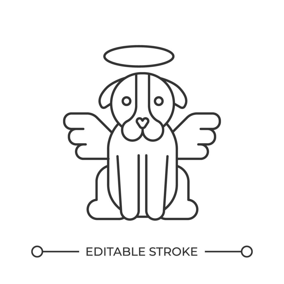 Dog on heave line icon. Canine pet with angel wings and halo. Loss of beloved animal companion. Sweet memory. Isolated illustration. Outline symbol. Simple linear drawing. Editable stroke vector