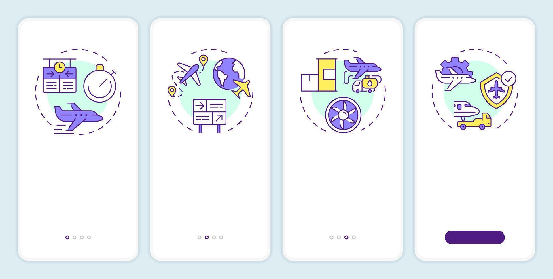 Air traffic control benefits onboarding mobile app screen. Walkthrough 4 steps editable graphic instructions with linear concepts. UI, UX, GUI vector