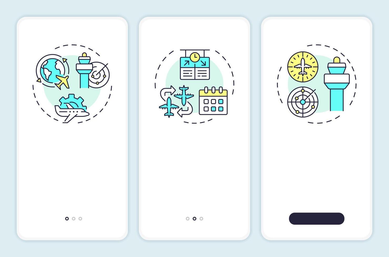 Air traffic management onboarding mobile app screen. Radar technology. Walkthrough 3 steps editable graphic instructions with linear concepts. UI, UX, GUI vector
