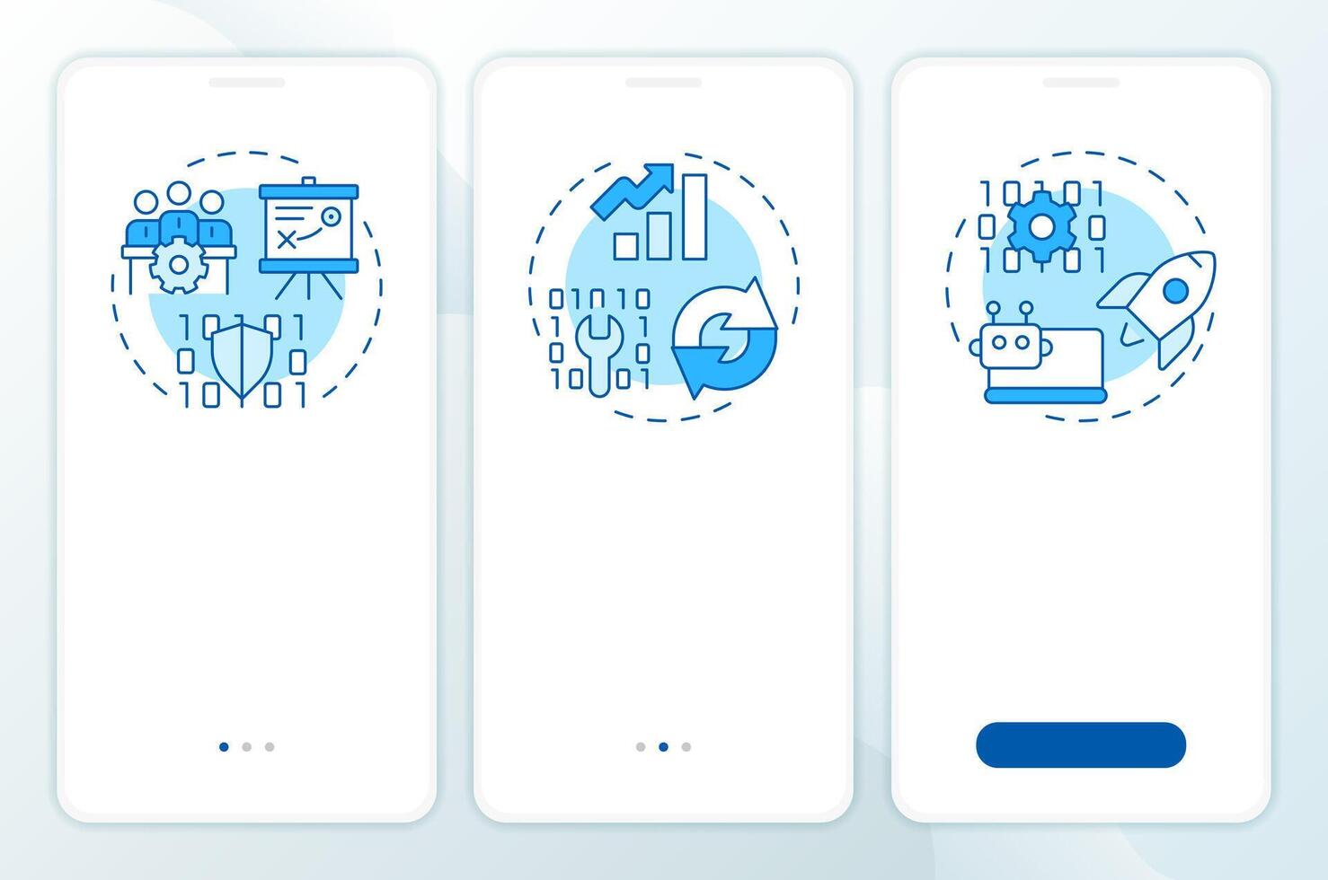 ITIL practices blue onboarding mobile app screen. Different methodologies. Walkthrough 3 steps editable graphic instructions with linear concepts. UI, UX, GUI vector