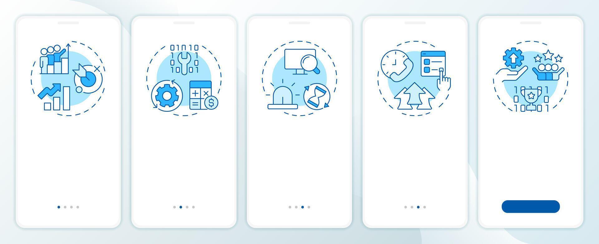 IT management benefits blue onboarding mobile app screen. Walkthrough 5 steps editable graphic instructions with linear concepts. UI, UX, GUI vector