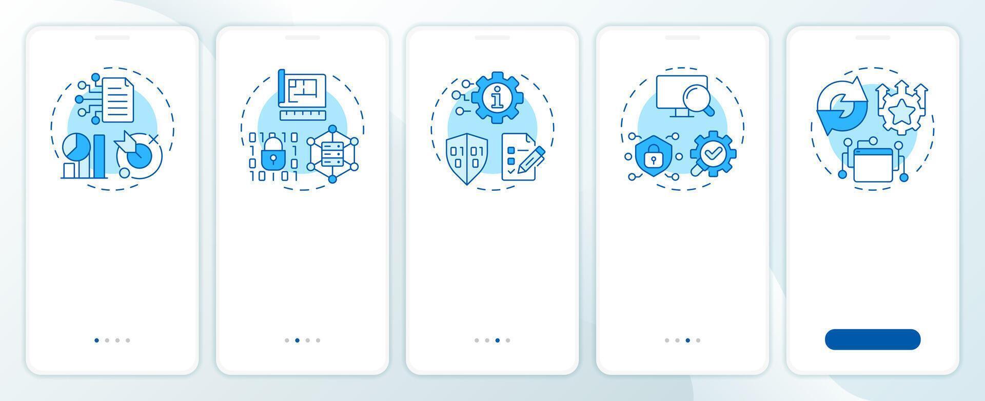 ITIL organization blue onboarding mobile app screen. Service management. Walkthrough 5 steps editable graphic instructions with linear concepts. UI, UX, GUI vector