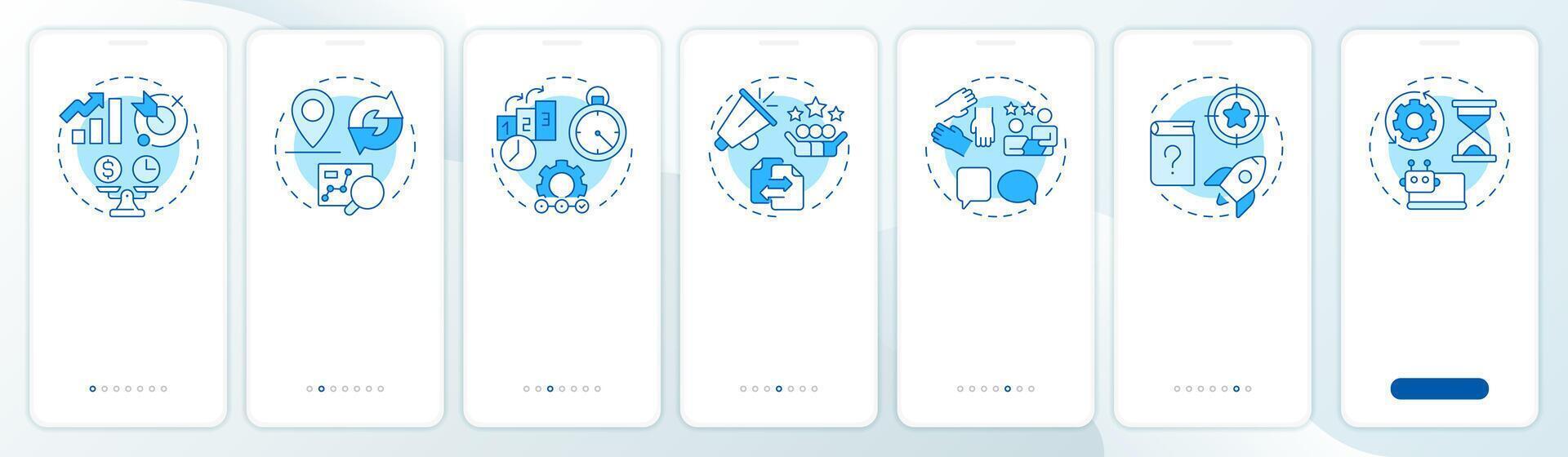 ITIL principles blue onboarding mobile app screen. Collaboration, teamwork. Walkthrough 7 steps editable graphic instructions with linear concepts. UI, UX, GUI vector