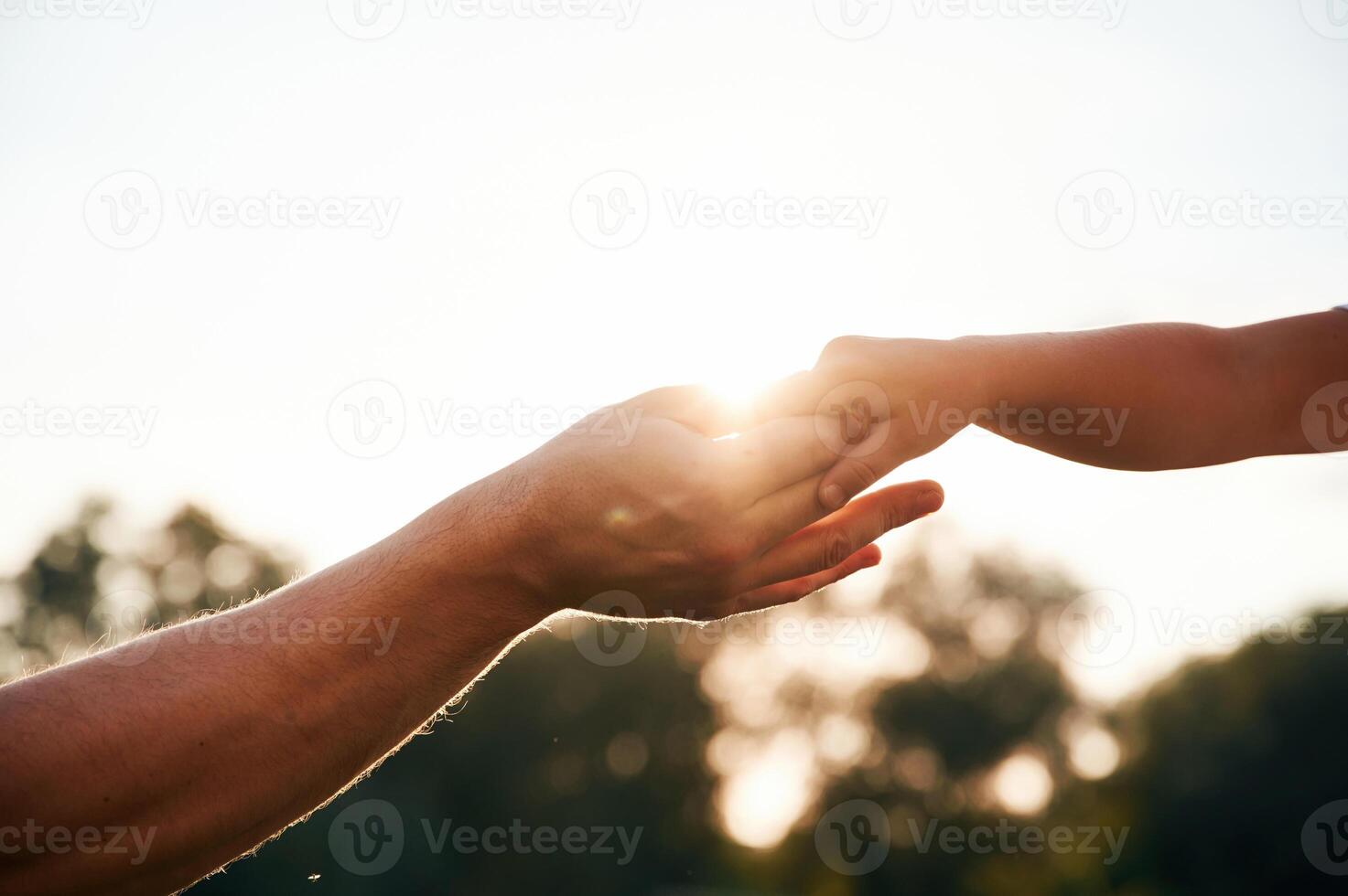 Beautiful sunlight. Close up view ,of ,dad and his little son hands that are holding each other photo