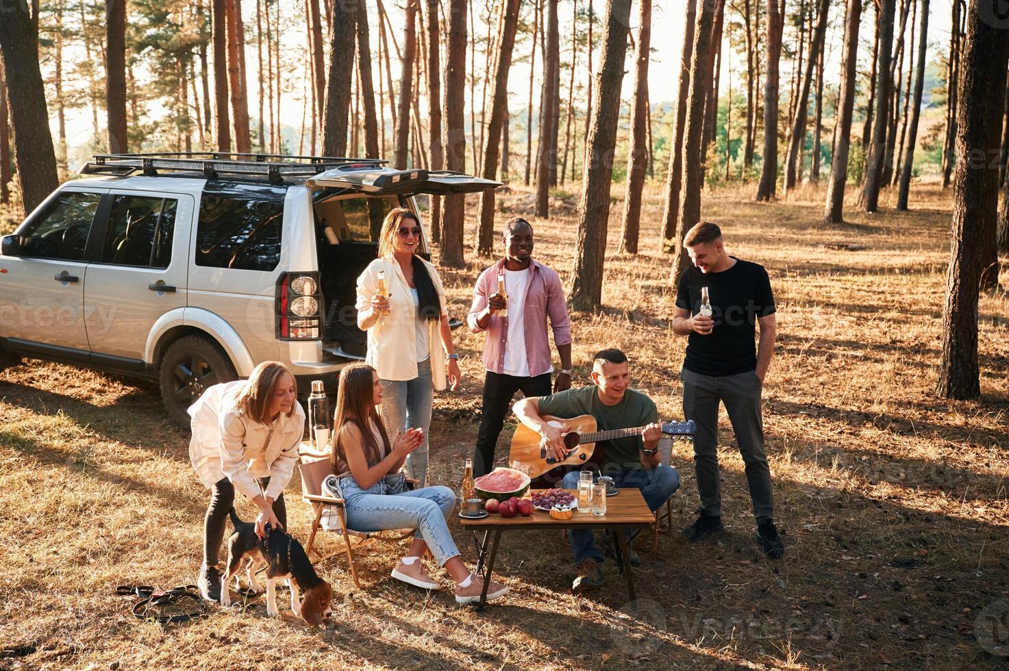 Against the car. Group of friends are together in the forest photo