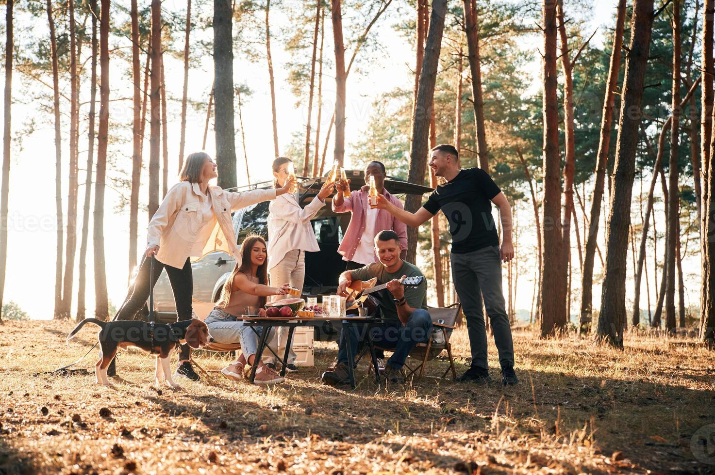 Doing cheers with bottles of beer. Group of friends are together ,in the forest photo