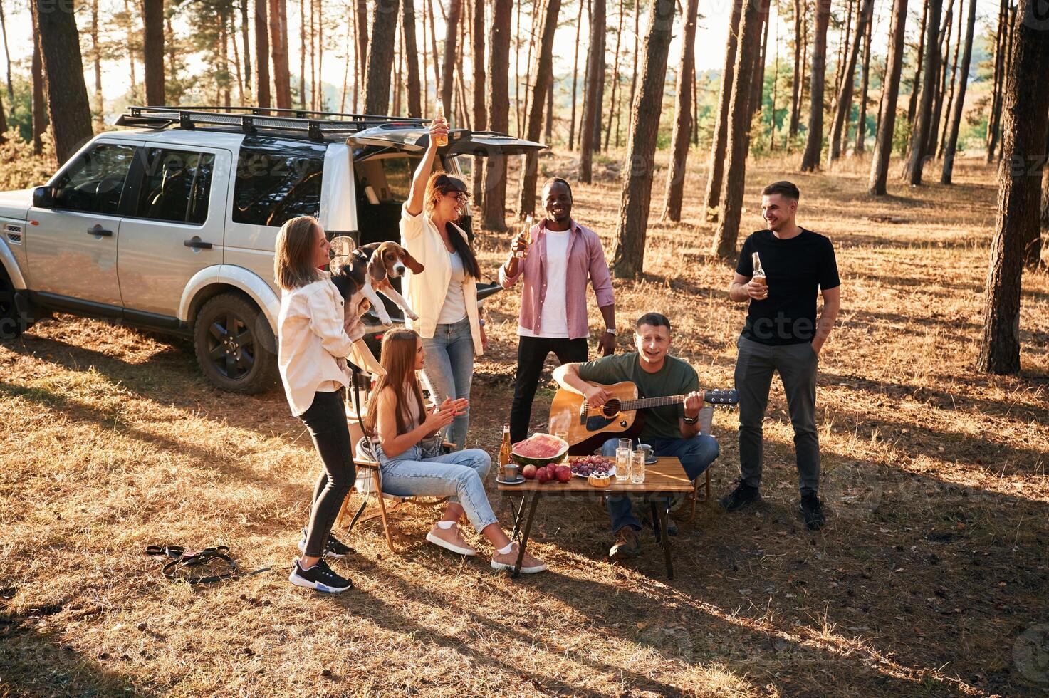 Drinking,, eating,,, playing with dog. Group of friends are together in the forest photo