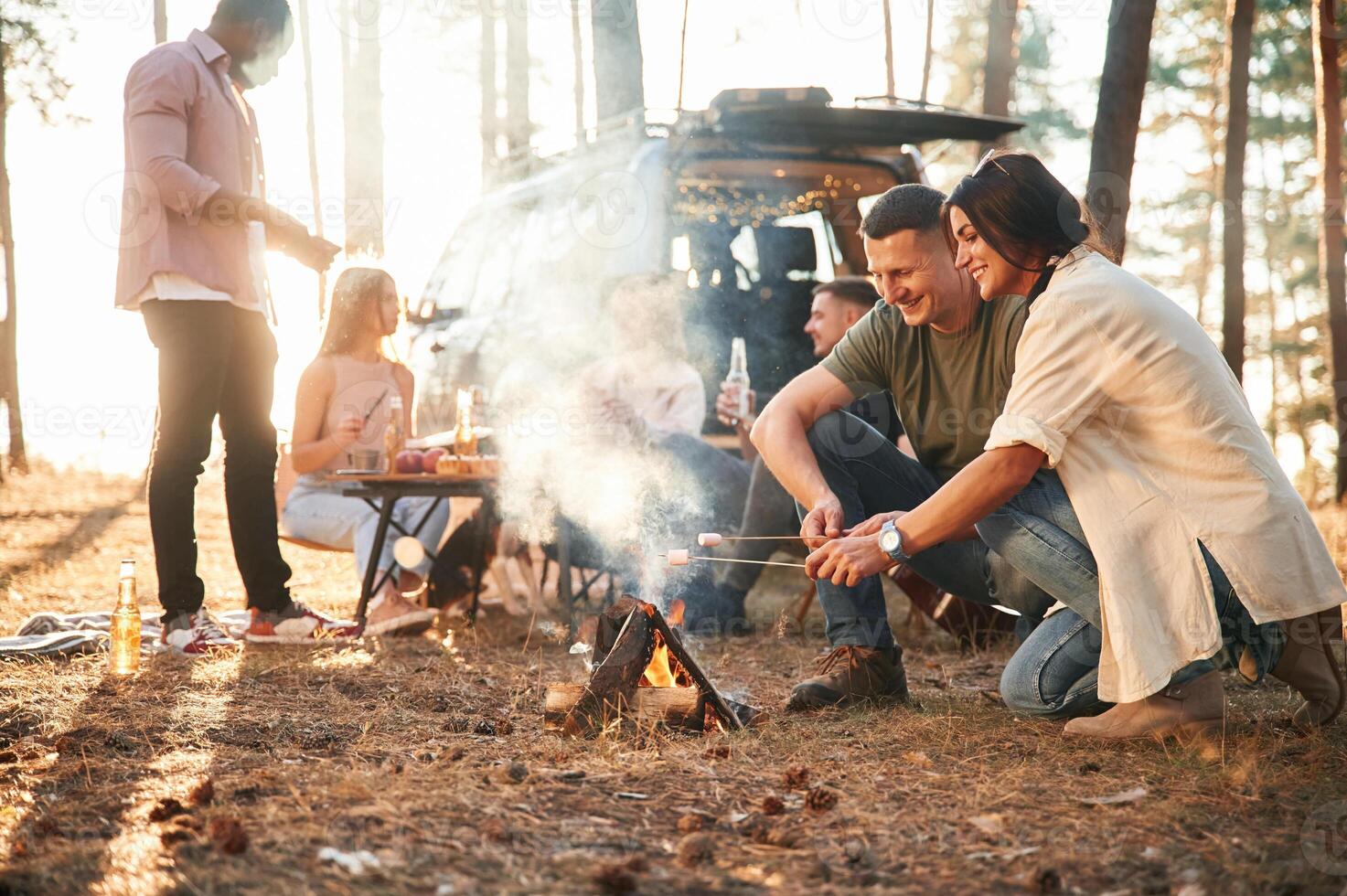 With, marshmallows, on sticks,, roast. Group of friends are together in the forest photo