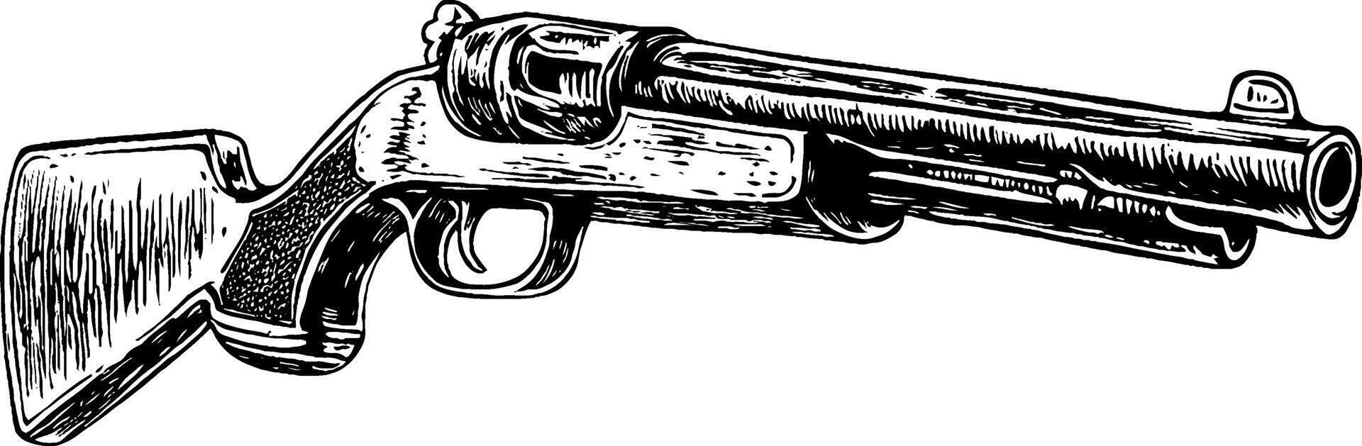 An illustration of a vintage shotgun, showcasing detailed engravings and a classic design. The shotgun features a wooden stock and a long barrel, emphasizing its historical significance. vector