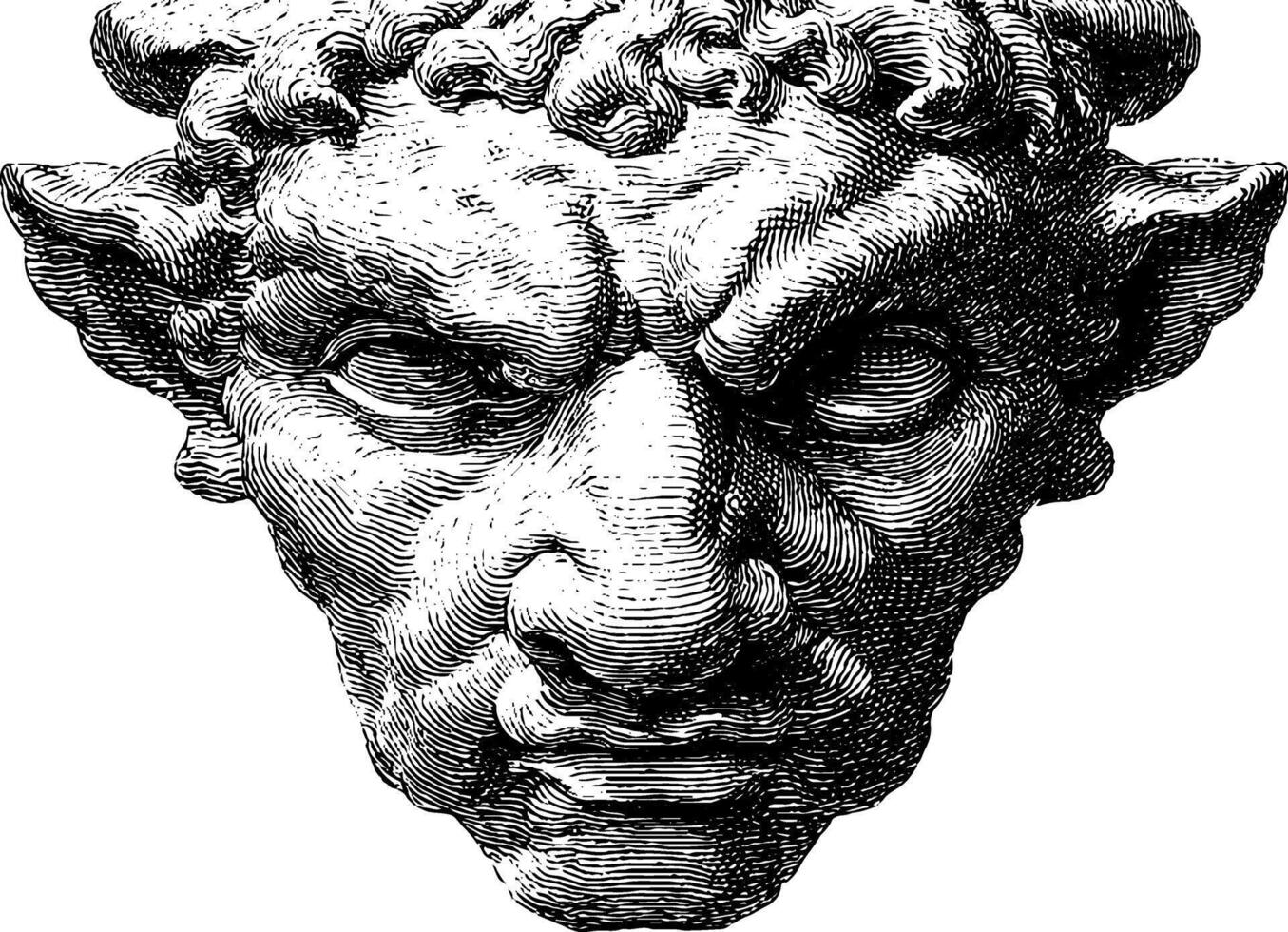 Intricate line art of a demon face with intense expression and horns. vector