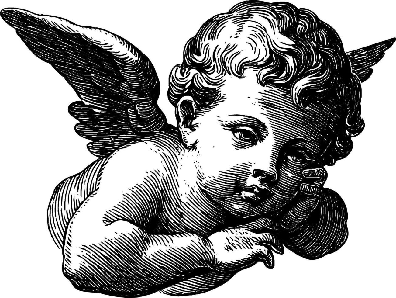 Vintage engraved illustration of a cute baby angel in black and white for art and decor. vector