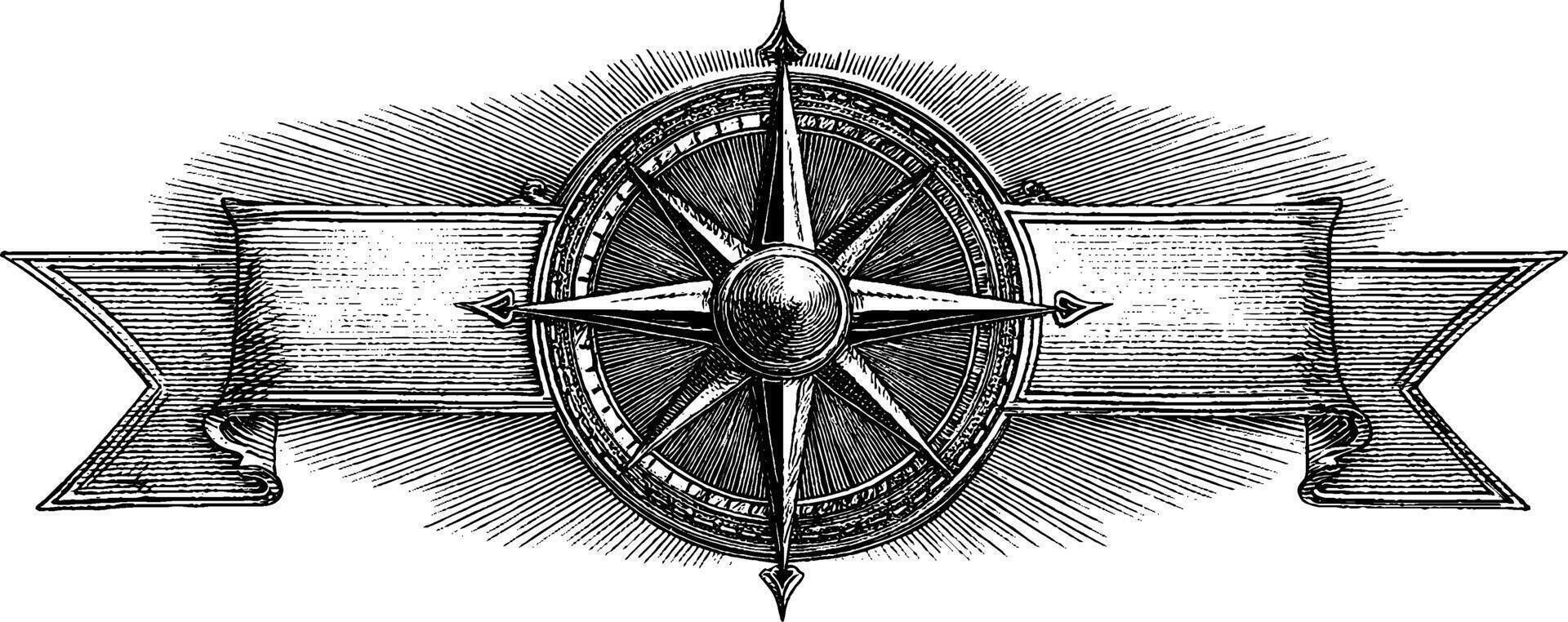 Vintage compass rose with engraved banner design for nautical themes. vector