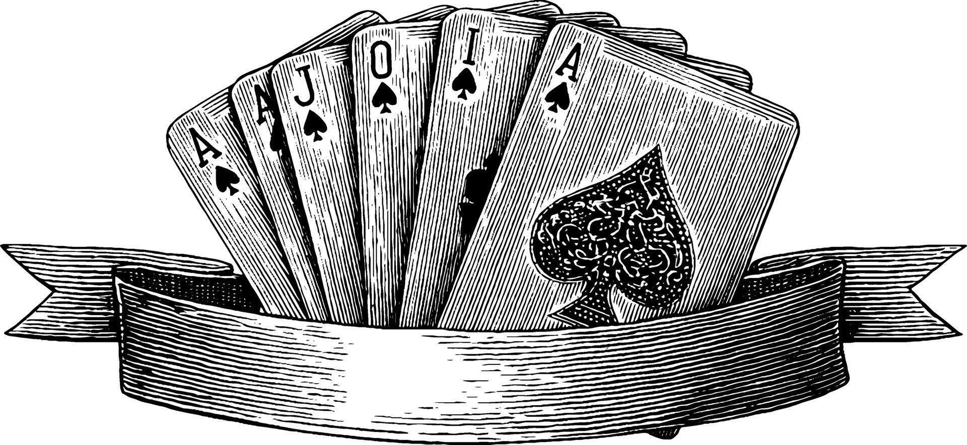 Vintage engraved playing cards fanned out with ribbon banner design for artistic projects. vector