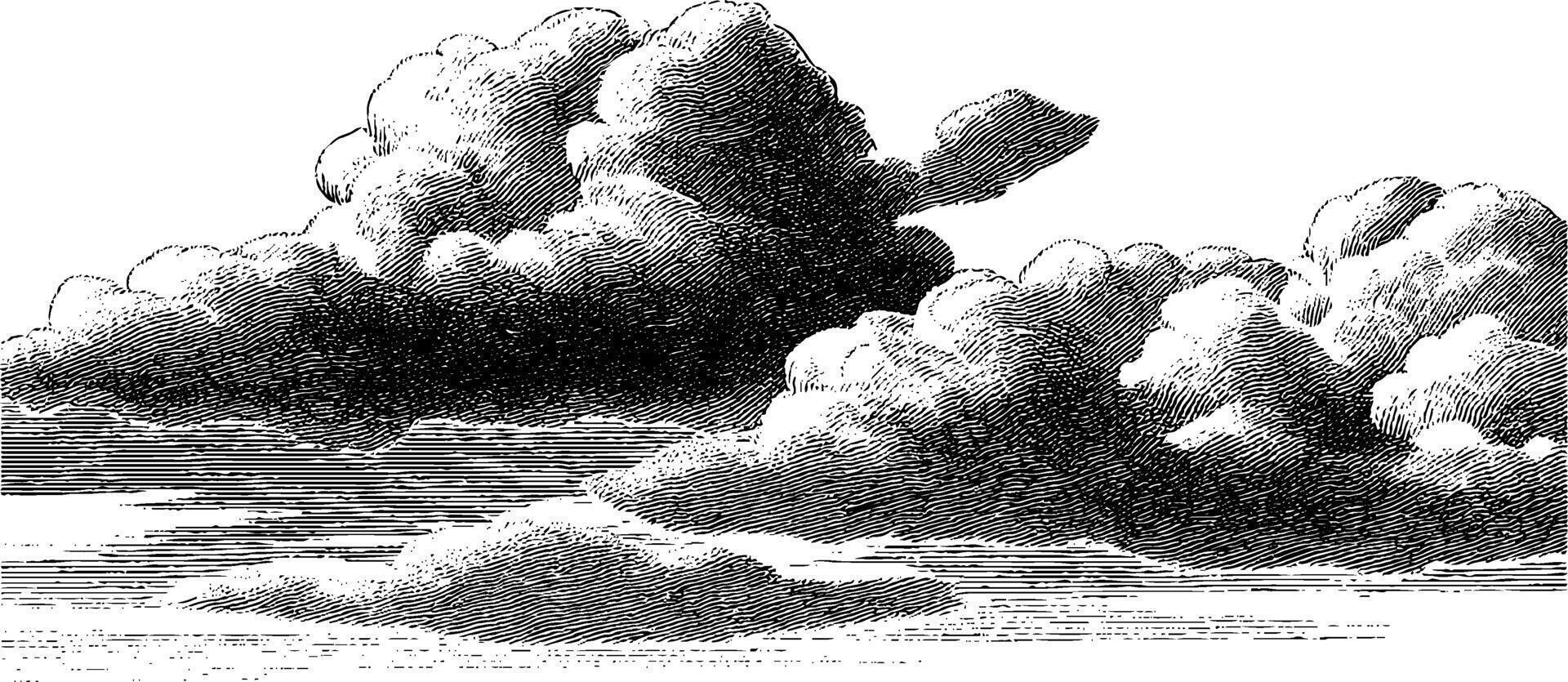 Engraved sky illustration featuring bold black lines and cloud formations. vector