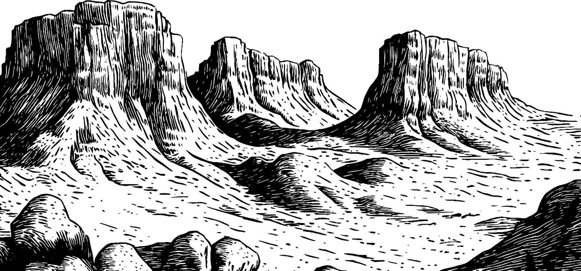 A detailed black and white illustration of a desert landscape featuring rugged mesas and rolling hills. The scene captures the arid terrain with a stark, dramatic style. vector
