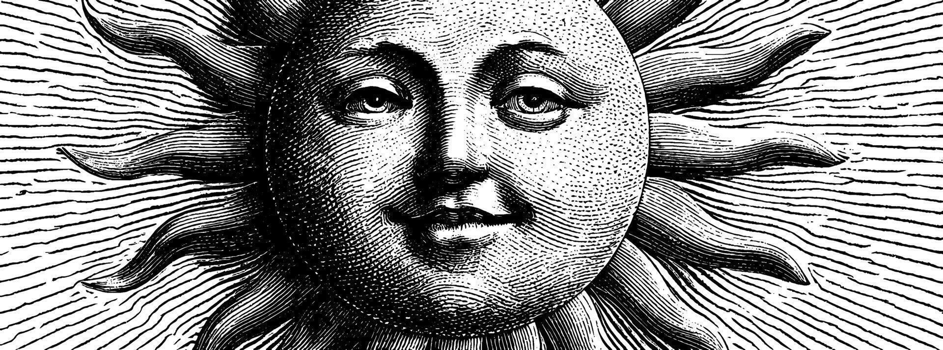 Engraved illustration of a smiling sun with radiant beams. vector
