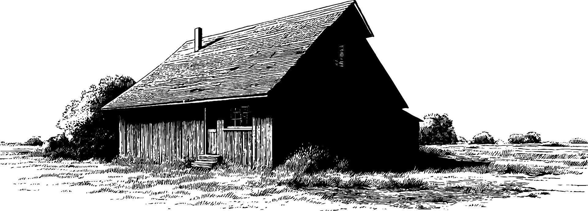 Vintage 1950s woodcut style black and white illustration of a rustic barn. vector