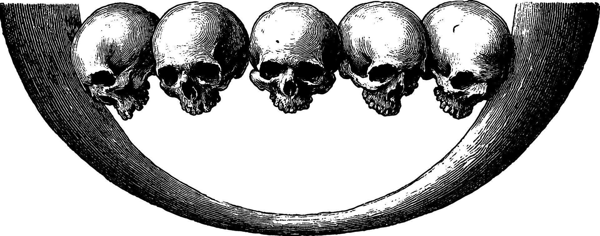 Vintage engraved illustration of crescent moon adorned with dangling skulls. vector