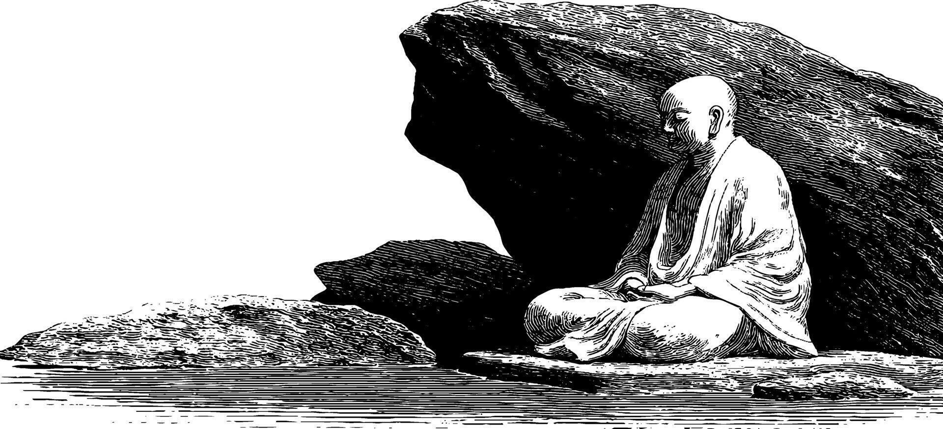 Meditative caucasian monk sitting on rocks near water in tranquil scene. vector