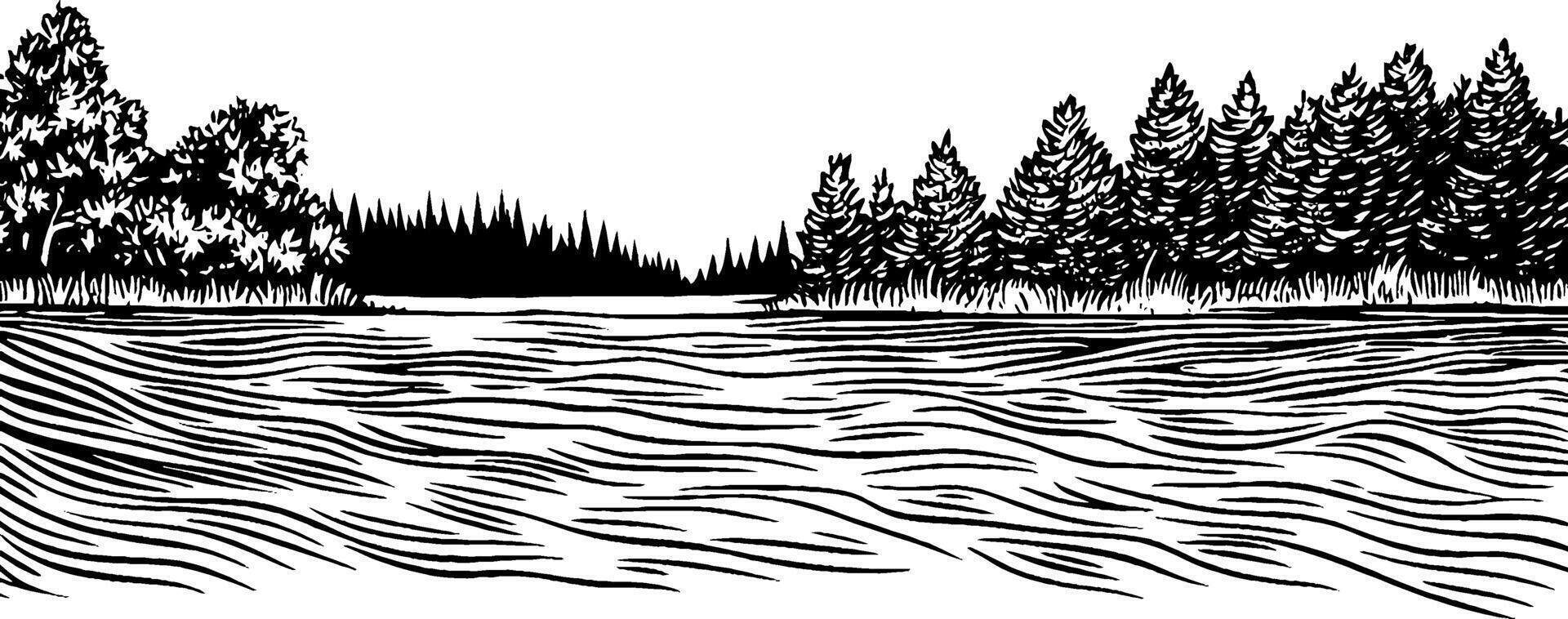 A black and white illustration of a river surrounded by trees. The river has flowing waves, and the banks are lined with various types of trees, creating a serene landscape. vector