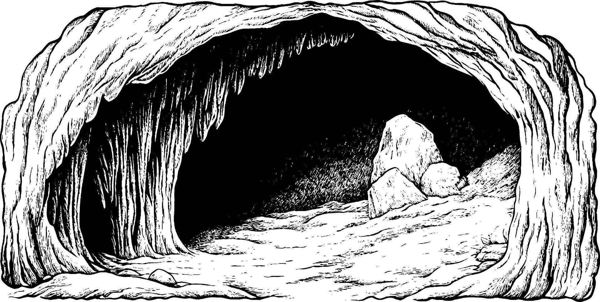 A detailed illustration of a cave interior, featuring rocky walls and a sandy floor. The cave has stalactites hanging from the ceiling and large boulders scattered inside, creating a mysterious atmosphere. vector