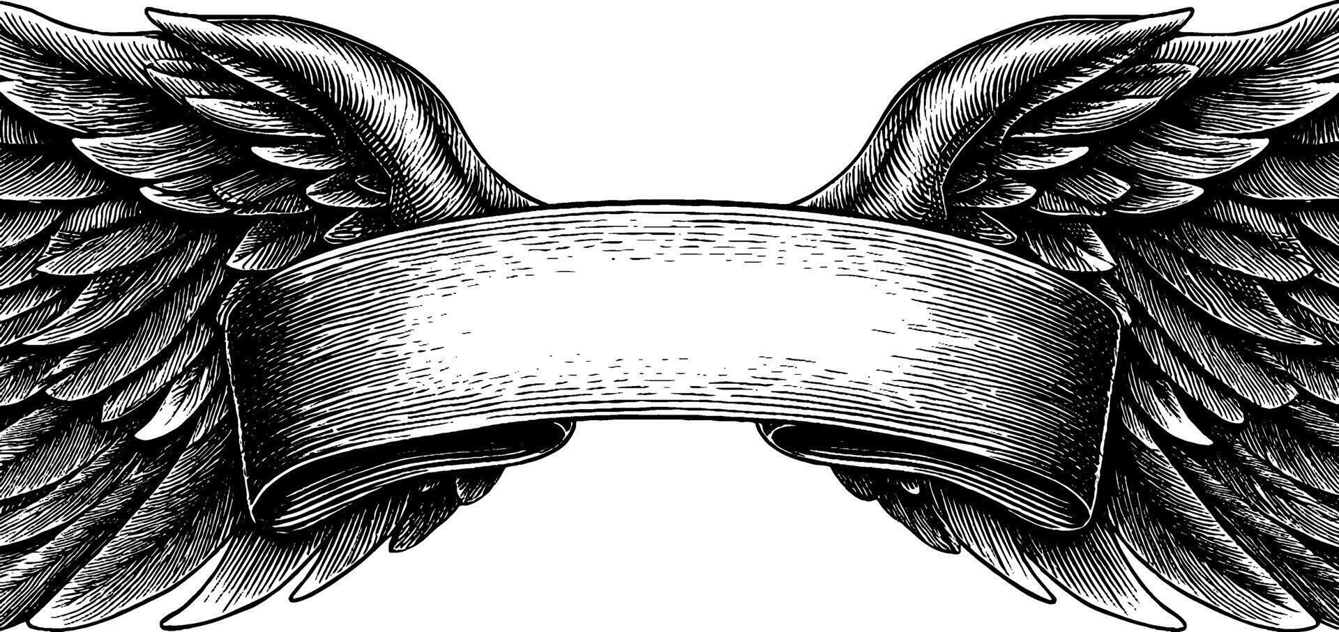 Engraved phoenix wings framing blank banner design for customization. vector