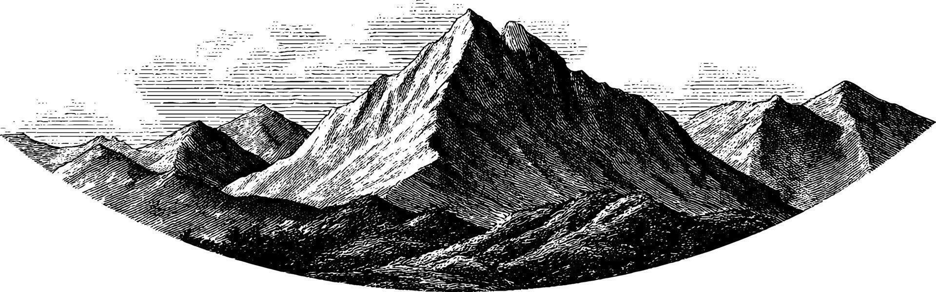 Vintage engraved banner featuring majestic mountain range for decorative use. vector