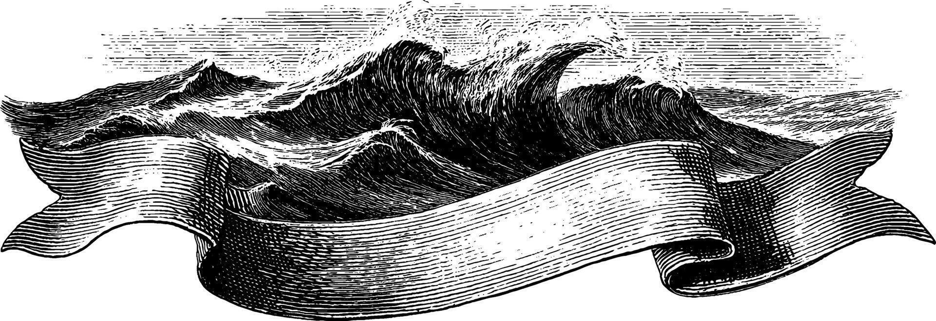 Engraved illustration of floating buoy on ocean waves. vector