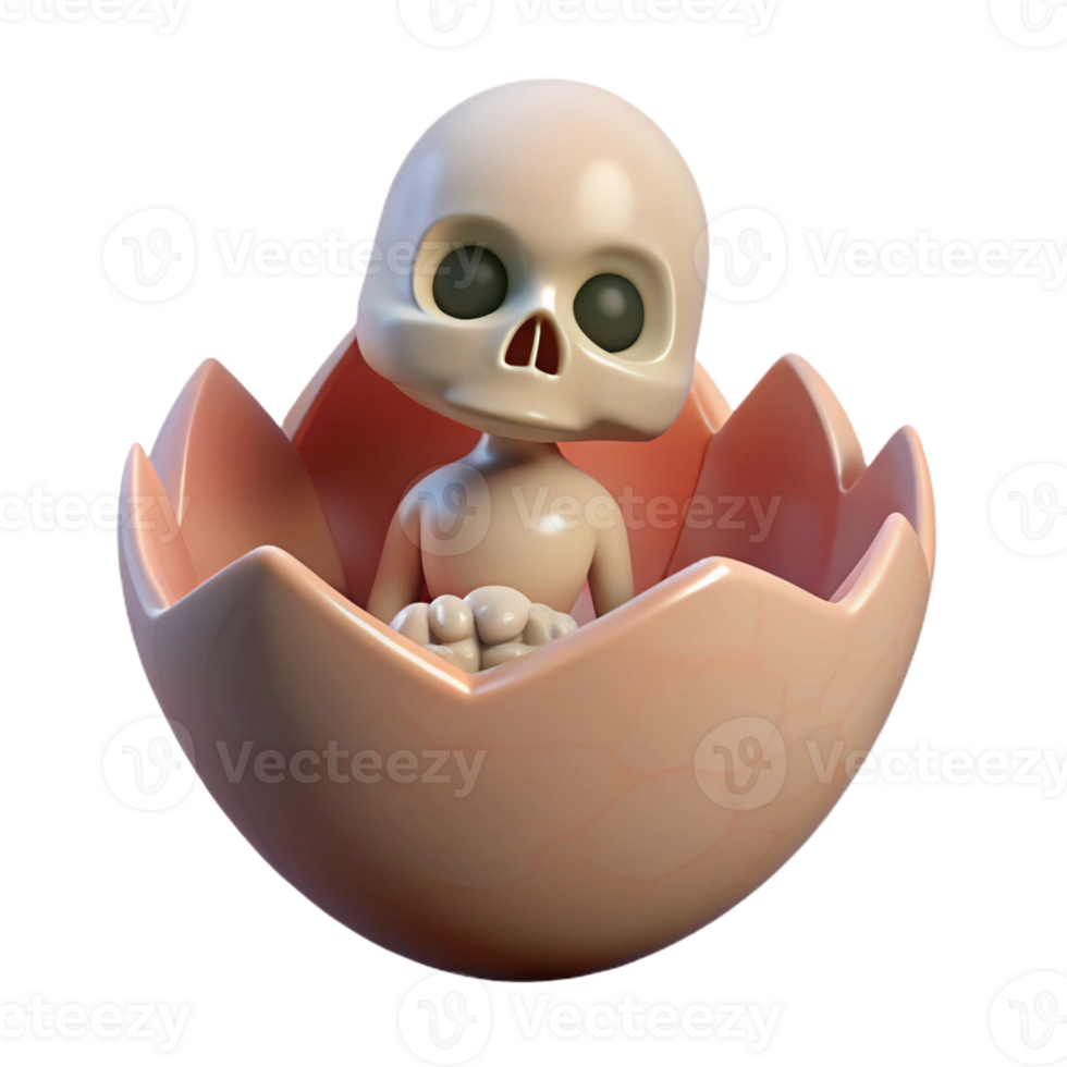 glorious ethereal elegant Concept art style, professional render of a floating, cracked eggshell with a miniature human skeleton inside with Transparent Background authentic png