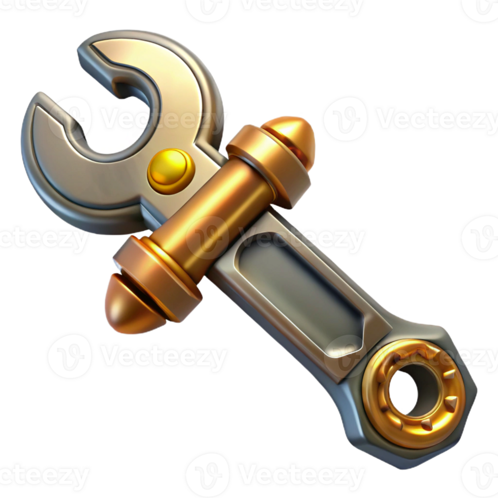 captivating distinguished Hyper-specific, concept art style isolated cutout of a steampunk wrench with ornate engravings and brass accents Ultra-detailed render with Transparent Background png