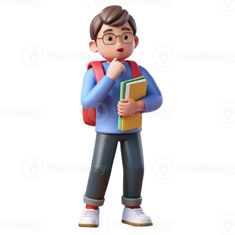 dramatic hypnotic Thinking student with books and backpack with Transparent Background high resolution png