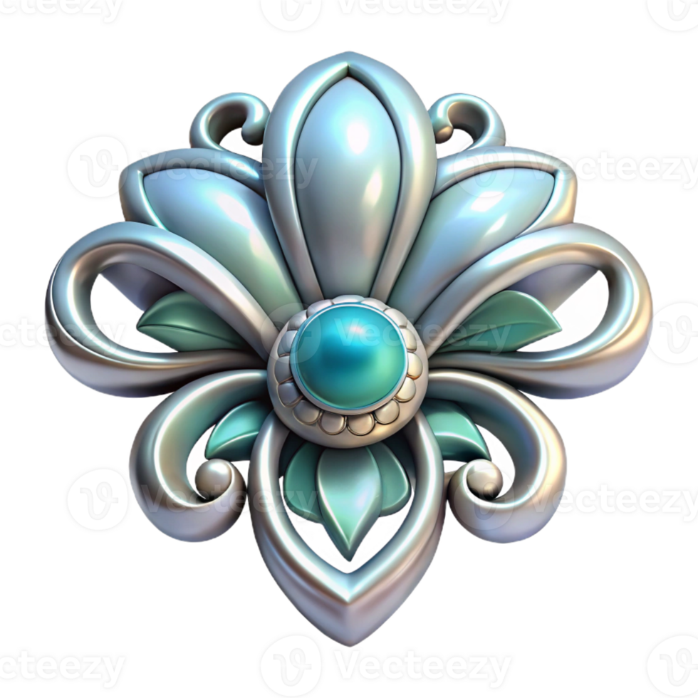extraordinary inspired Photorealistic, professional render, isolated cutout of an Art Nouveau jewelry brooch, silver, enamel, floral motif, with Transparent Background png