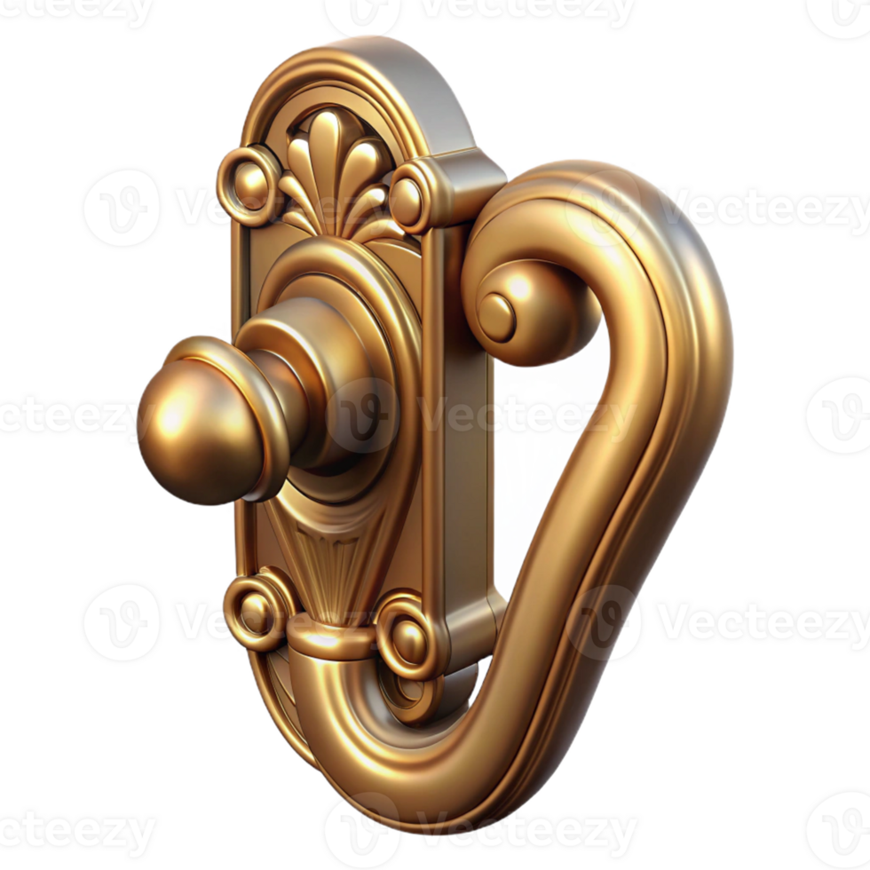 exquisite intense retro Photorealistic, professional render, isolated cutout of an Art Nouveau door handle, brass, ornate, curved design, with Transparent Background museum quality png