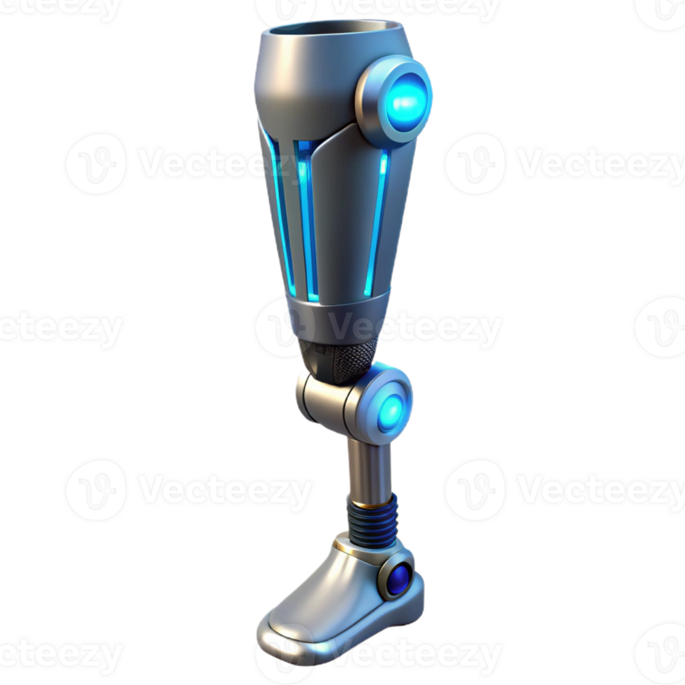 extraordinary melancholic surreal Cybernetic prosthetic leg with exposed mechanics and glowing LEDs with Transparent Background premium png