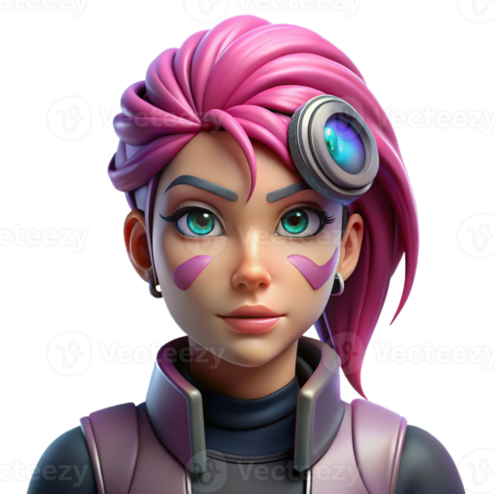 captivating mid-century Cyberpunk female character portrait with vibrant pink hair and cybernetic eye implant with Transparent Background top-tier png
