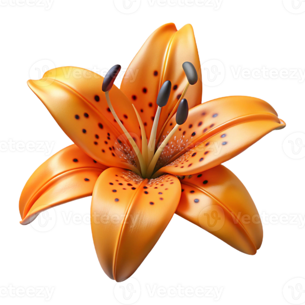 glorious tranquil tropical Isolated cutout, photorealistic, ultra-detailed professional render of a single, hyper-specific tiger lily flower, orange with black spots with Transparent Background sharp png