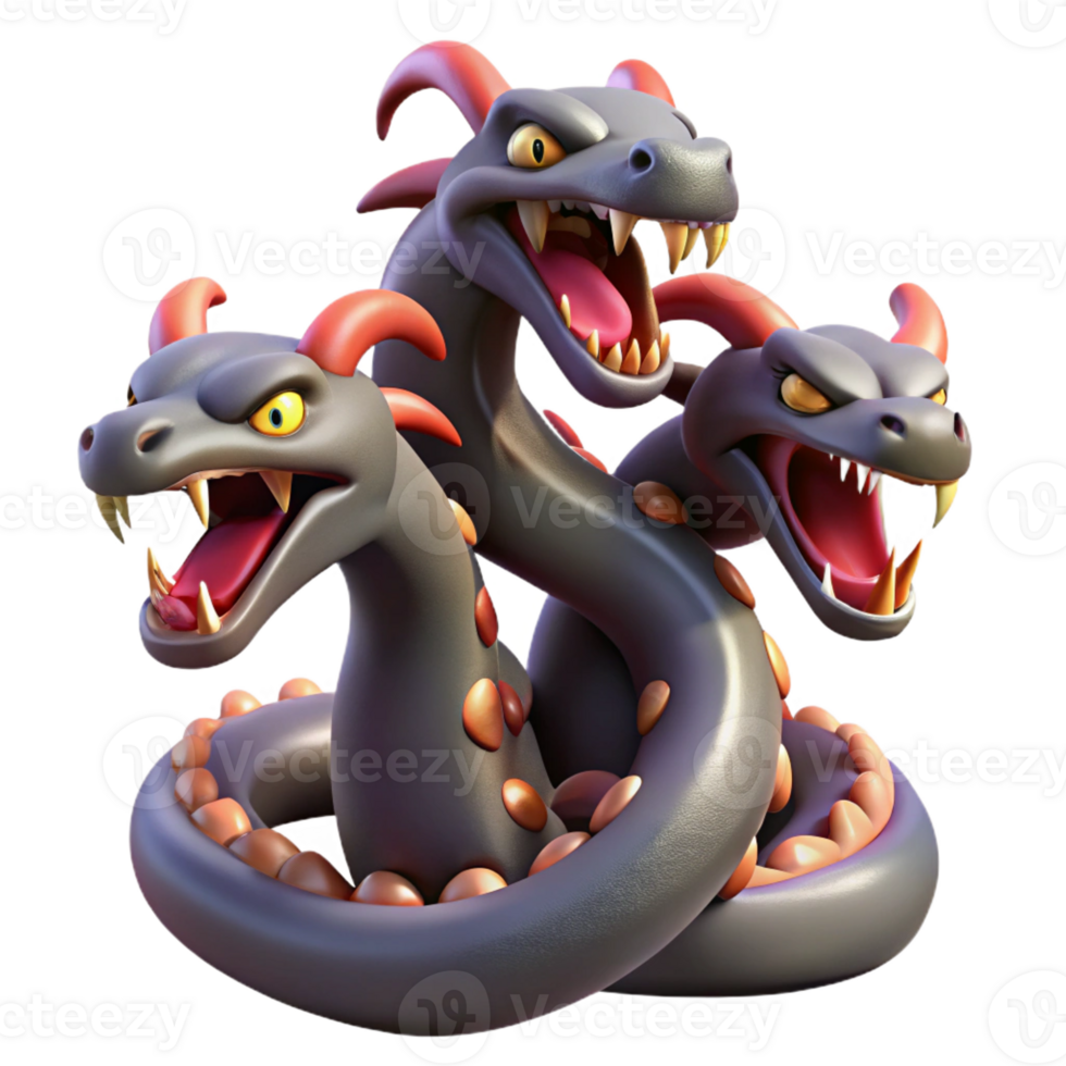 exemplary art deco Hydra, multi-headed serpent, venomous fangs, coiled pose, with Transparent Background studio quality png