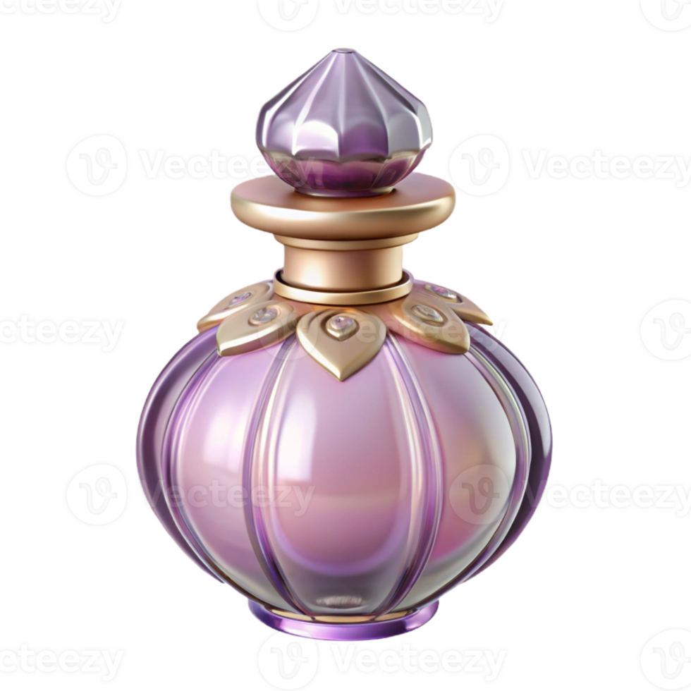 glorious mid-century Ultra-detailed, isolated cutout of an Art Nouveau perfume bottle, slender glass with a stylized floral stopper, pale amethyst color with Transparent Background 4K png