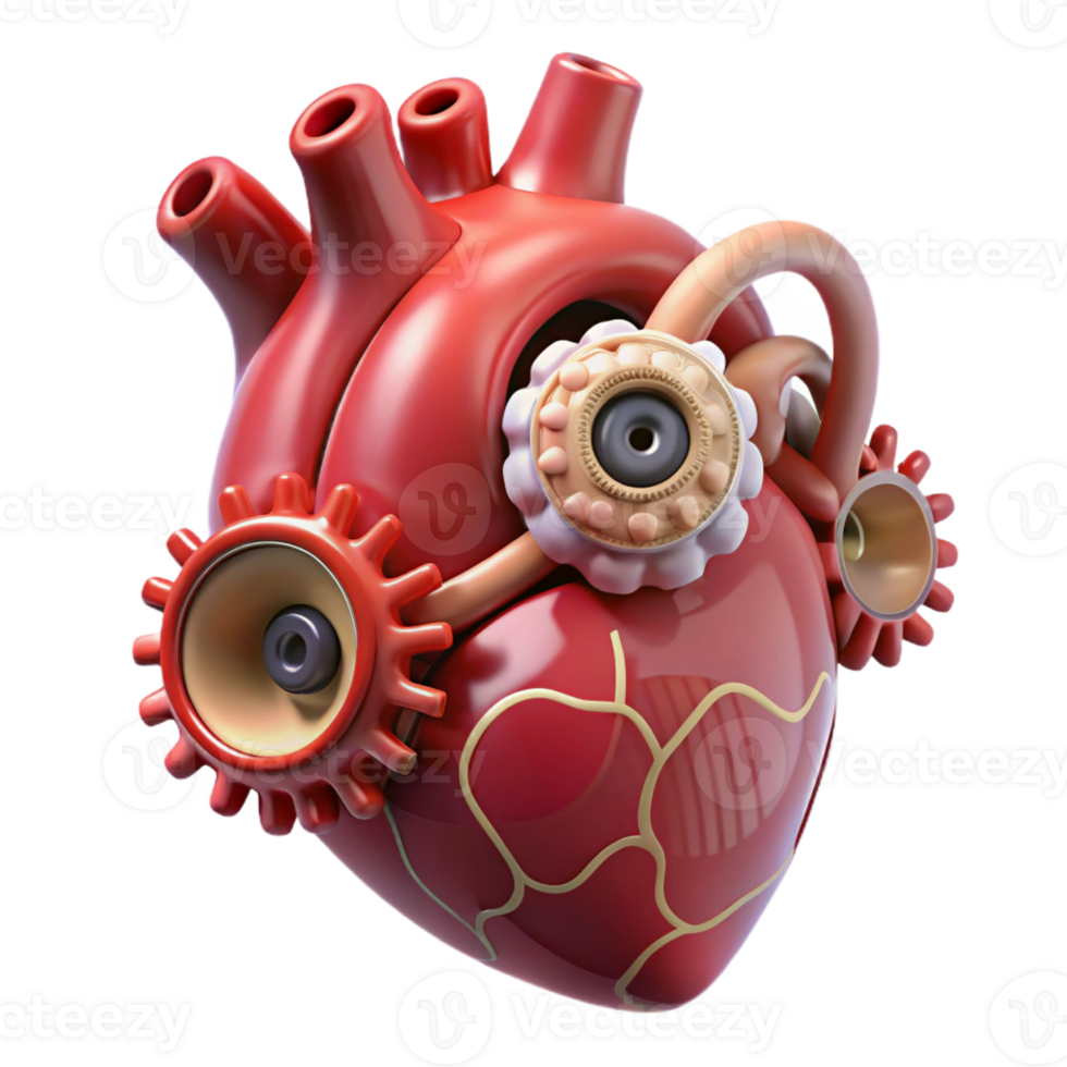 fascinating classic Ultra-detailed, professional render of a levitating human heart made of interconnected gears and wires with Transparent Background precision png