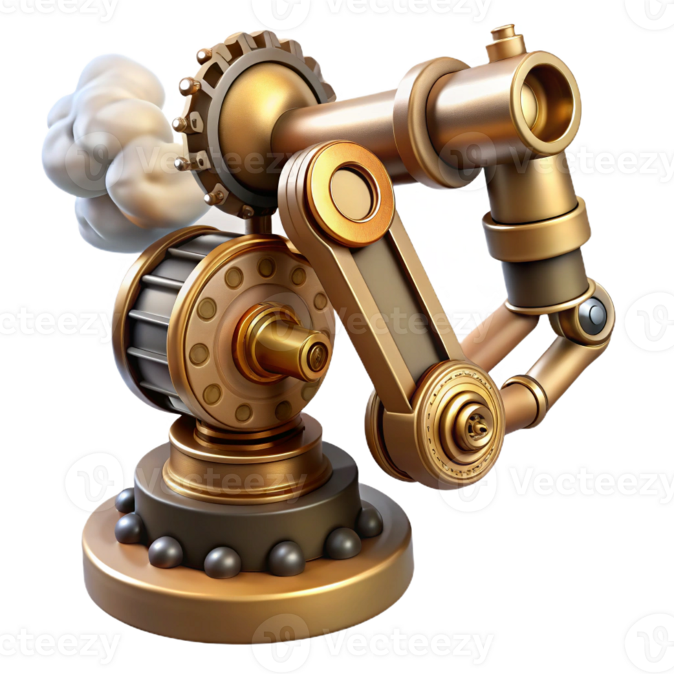 captivating tranquil urban Steampunk robotic arm with exposed gears and steam vents with Transparent Background studio quality png