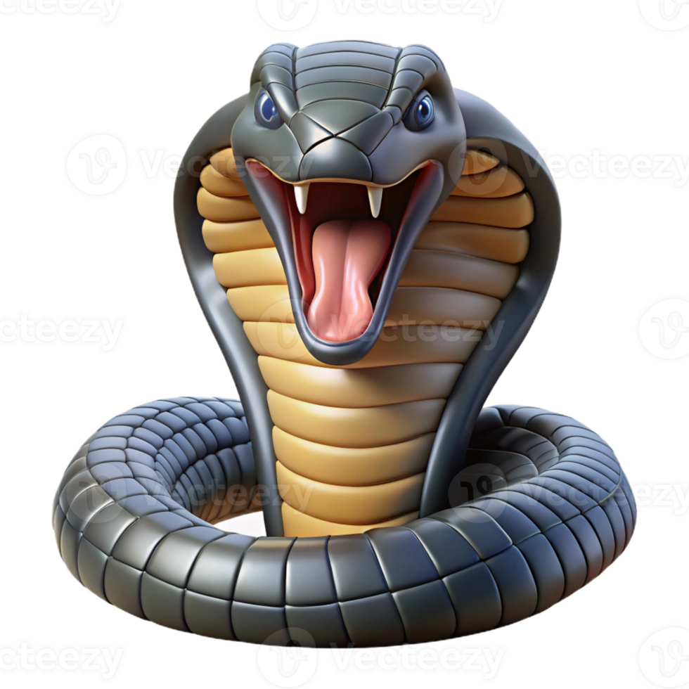exquisite joyful industrial Ultra-detailed, hyper-specific isolated cutout of a single king cobra, hood flared, tongue flicking with Transparent Background crisp png