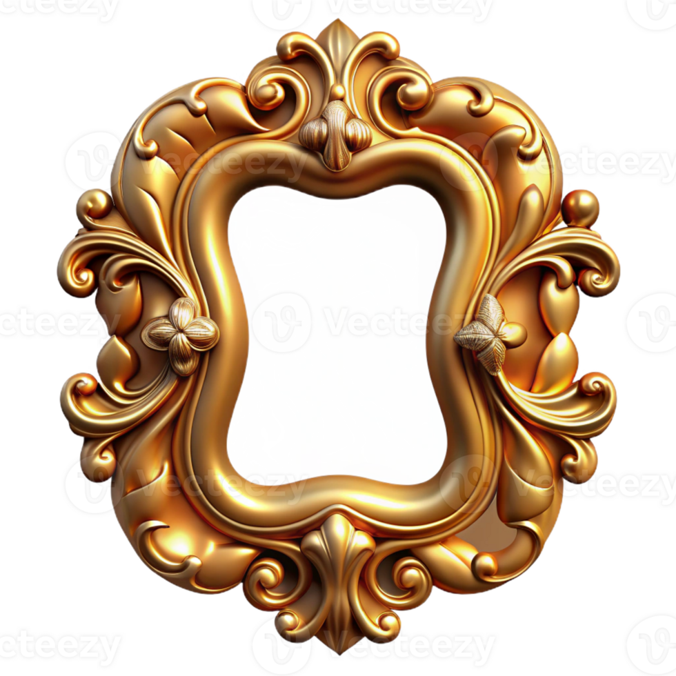 fascinating victorian Hyper-specific, isolated cutout of an Art Nouveau picture frame, ornate gilded wood with intricate carvings of flowers and leaves with Transparent Background expertly shot png