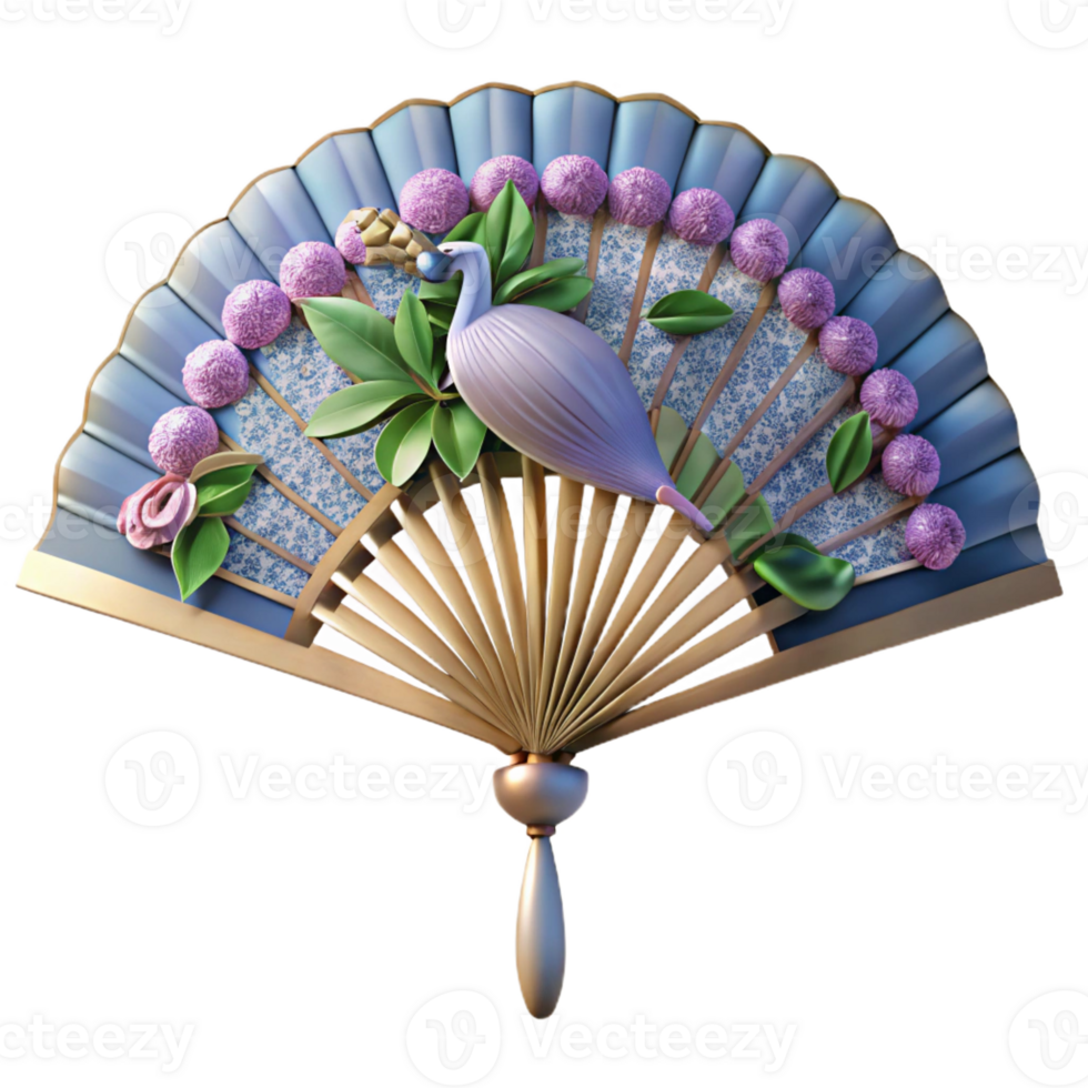 dreamy extraordinary Photorealistic, isolated cutout of an Art Nouveau fan, silk with a hand-painted design of peacocks and wisteria with Transparent Background masterfully captured png